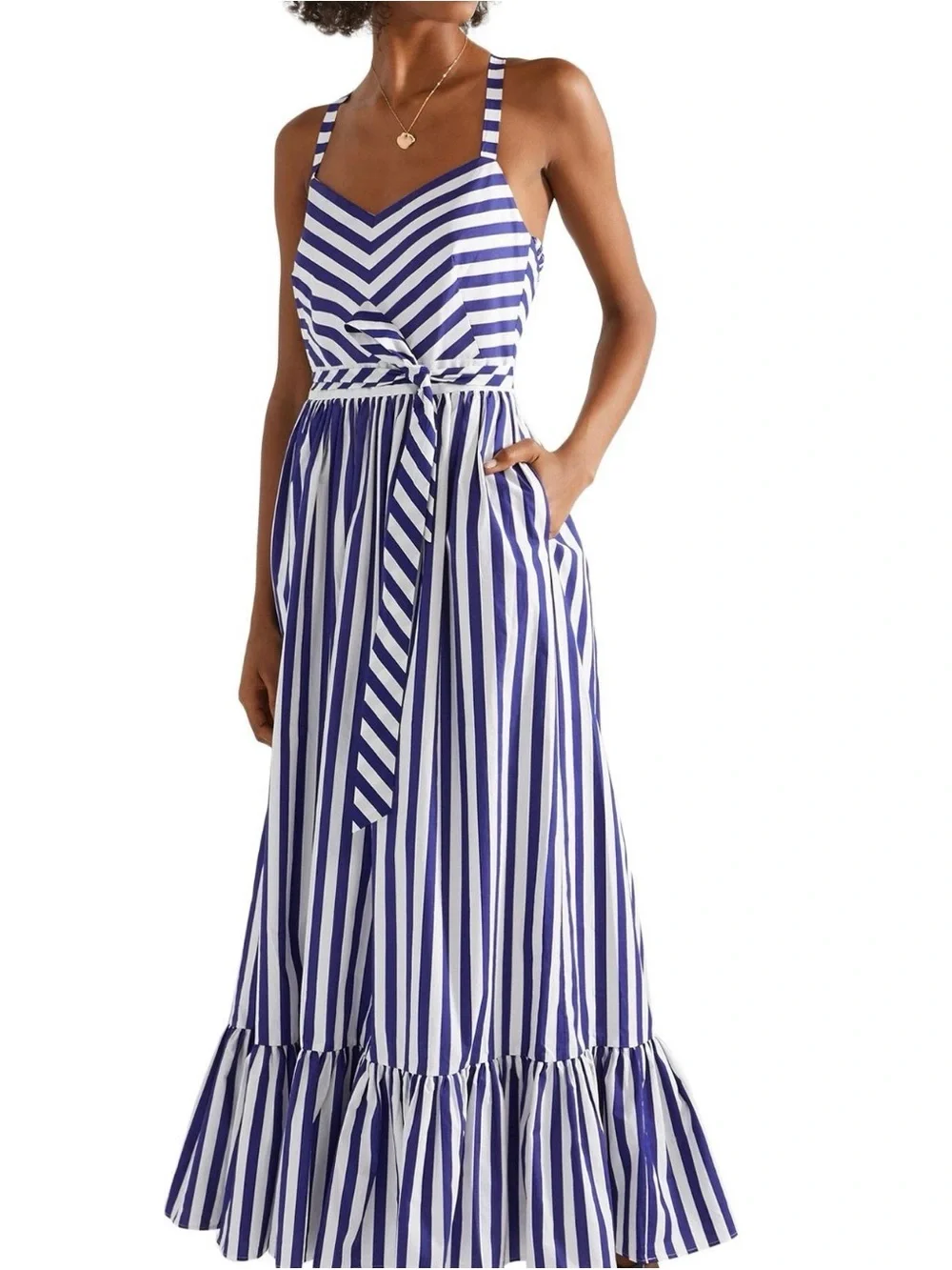J. Crew Striped Blue and White Maxi Dress with Waist Tie